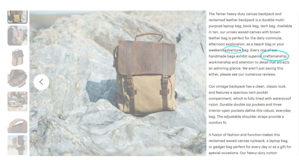 Brown Rucksack on Rocks and Text on its Right with Circles Keywords