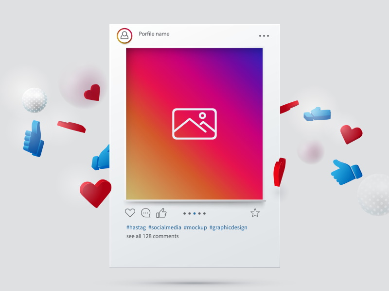 Graphic Image of an Instagram Post with Red Hearts and Blue Thumbs Up Flying Around