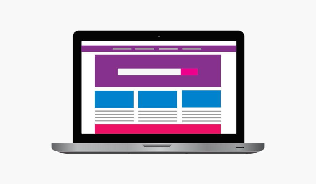 Purple, Blue and Pink Magento Store Schematic Template on a Laptop